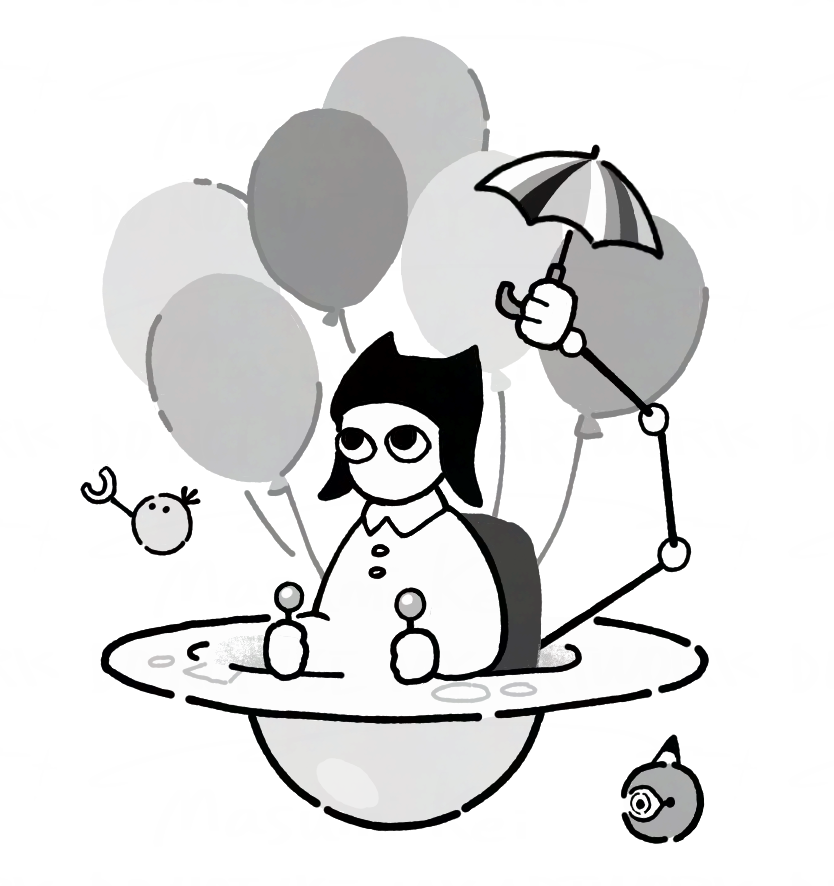 プロフィール画像。土星を半分に切ったような個人用宇宙船に乗っている。